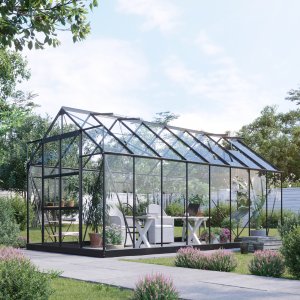 Växthus 12,8m² - Härdat glas - Svart - Svart, Utan sockel - Fristående växthus, Växthus
